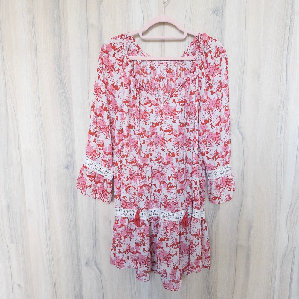 Floral Lace Mini Dress XL Pink Tassel Boho Peasant Cottage Romantic Whimsical